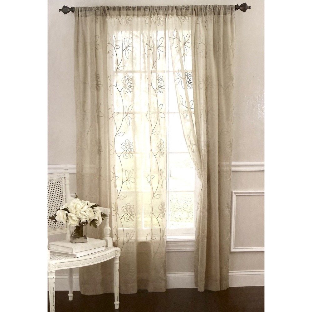 Laura Ashley Sheer Embroidered Floral Vines FROSTING Curtain 2 Panel TAUPE 52x84